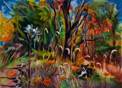 Emma's Field, Berger MO, Dog in Woods, Late Summer Prairie, Allegorical Painting, Watercolor Painting, Landscape